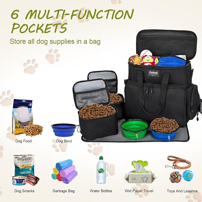 Dog Travel Bag Airline Approved–Pet Travel Tote with Collapsible Bowls,Food Containers & Feeding Mat–Multi-Pocket Organizer for Dogs & Cats, Durable & Water-Resistant for Hiking,Trips,Outdoors-PurrikoPets