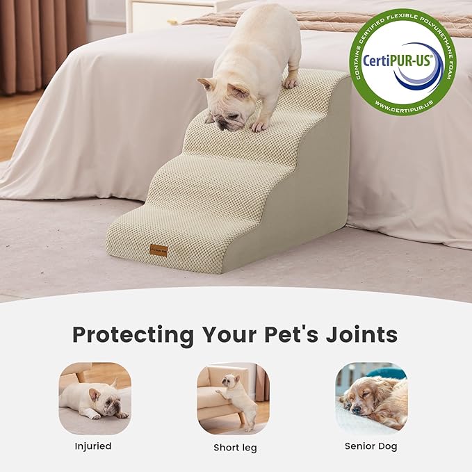 Gardner Pet Dog Stairs for Small Dogs 19.7" H, 4-Step Beige Curved Pet Stairs, Dog Steps for High Bed (18-24 in), Couch with Durable Non-Slip Waterproof Fabric Cover and CertiPUR-US Certified Foam-PurrikoPets