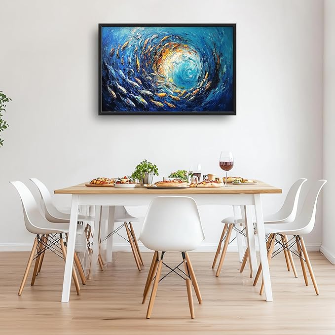 Extra Large Framed Abstract Ocean Fish Wall Art,Oversized Blue Sea Nautical Fish Wall Decor Pictures for Living Room,Canvas Print Painting Modern Artwork Bedroom Office Bathroom Home Decor 36L x24W-PurrikoPets