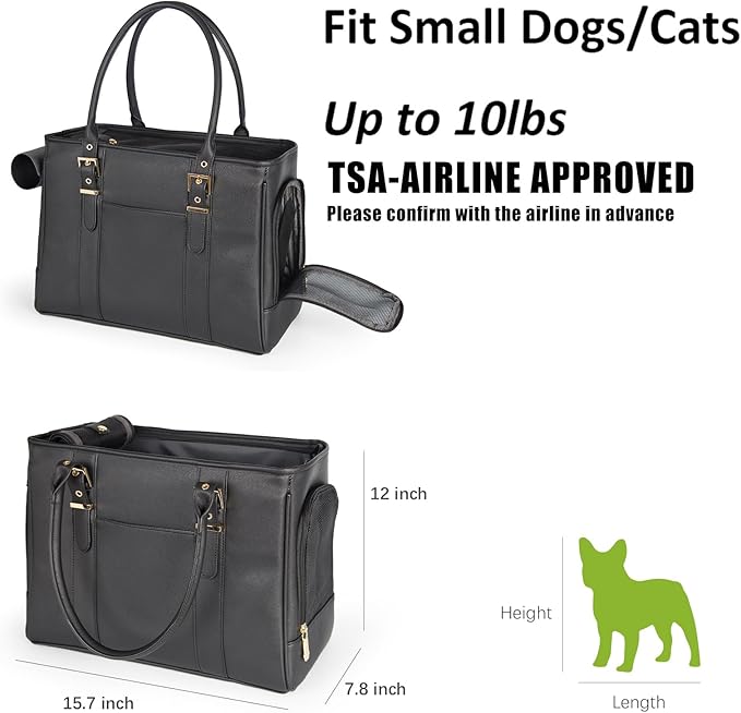 Fashion Pet Carrier Dog Purse Cat Bag Soft-Sided Carriers Travel Airline Approved, Stylish Leather Tote Handbag for Small Animal Puppy Kitten (Black)-PurrikoPets