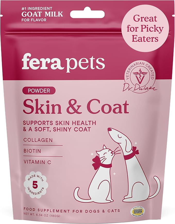 Fera Pets Goat Milk Topper - Cat & Dog Skin and Coat Supplement with Collagen, Biotin & Vitamin C - Helps Maintain Normal Skin Moisture - Promotes a Shiny Coat - for Picky Eaters - 60 TSP-PurrikoPets