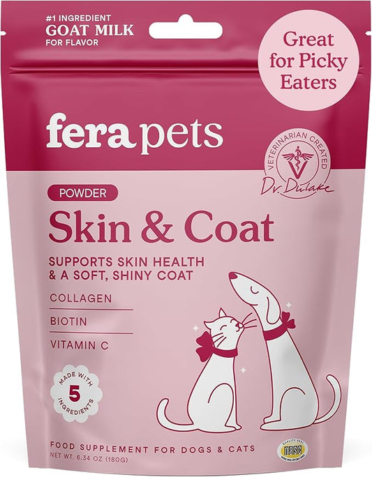 Fera Pets Goat Milk Topper - Cat & Dog Skin and Coat Supplement with Collagen, Biotin & Vitamin C - Helps Maintain Normal Skin Moisture - Promotes a Shiny Coat - for Picky Eaters - 60 TSP-PurrikoPets