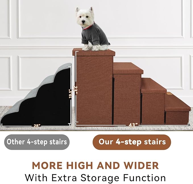 Dog Stairs with Storage 23" H, 4-Step Wider Dog Steps for High Beds Window, Folding Sturdy Pet Stairs Gift for Small/Medium/Large Old Dogs Cats, Ramp for Climbing Car Up to 200 lbs, Brown-PurrikoPets