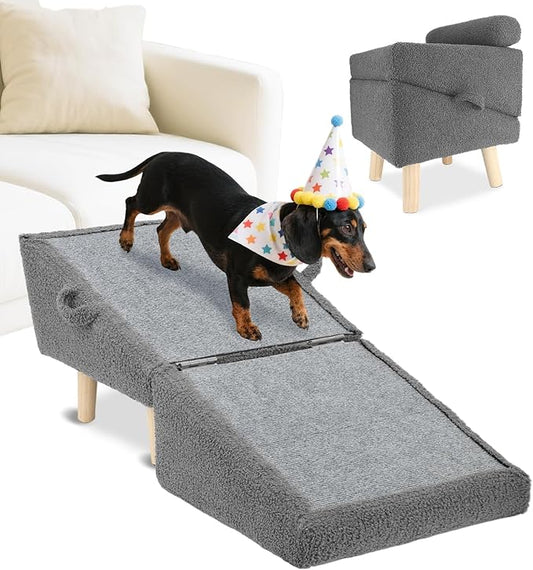 Dog Stairs for Small Dogs and Cats – 2-in-1 Dog Ramp for Bed and Couch, 16.5'' Foldable Wooden Pet Steps, Sturdy Multi-Use Split Ottoman Design, Dark Grey-PurrikoPets