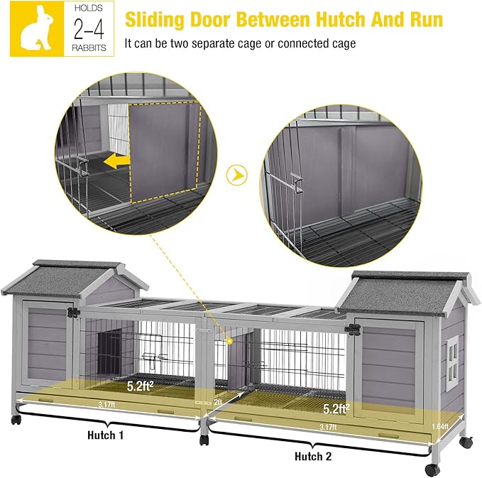 Aivituvin Rabbit Hutch Bunny Cage with Double House and Run Indoor Outdoor Guinea Pig House with Deeper No Leak Trays and Wheels-PurrikoPets