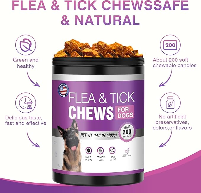 Dog Flea and Tick Treatment Chewable 200 Treatment Chews Natural Soft Chew Fleas Ticks Treatment Dog Oral Chewables Support Supplement Pest Defense Breeds and Ages Dogs Chicken Flavor-PurrikoPets