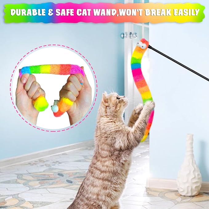 3 Pack Cat Wand Toy, Rainbow Cat Feather Toys with Bells, Teaser Wand with Soft Furry Tail, Interactive Toys for Indoor Cats & Kitten & Kitty-PurrikoPets