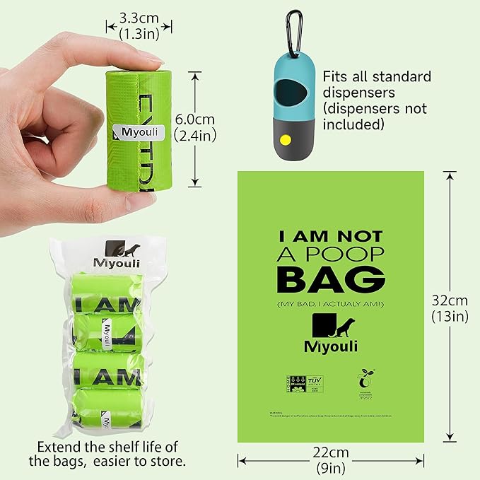 100% Certified Compostable Dog Poop Bag Rolls, 120 Bags (8 Rolls) Eco-Friendly Poop Bags for Dogs, Leak Proof Unscented Easy Open Poop Waste Bag（Green）-PurrikoPets