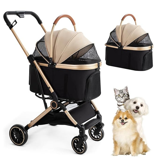 3 in 1 Pet Stroller with 4 Wheels, Foldable Pet Travel Carrier for Small/Medium Dogs Cats up to 50lbs, Detachble Portable Pet Bag, Storage Basket-PurrikoPets