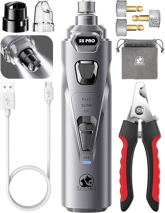 Dog Nail Grinder with 2 LED Lights Powerful 2 Speeds Super Quiet Dog Nail Trimmers with 3 Grinding Wheels Rechargeable Pet Dog Nail Clippers for Large Medium Puppy Dogs Dog Nail File Cat Nail Clipper-PurrikoPets