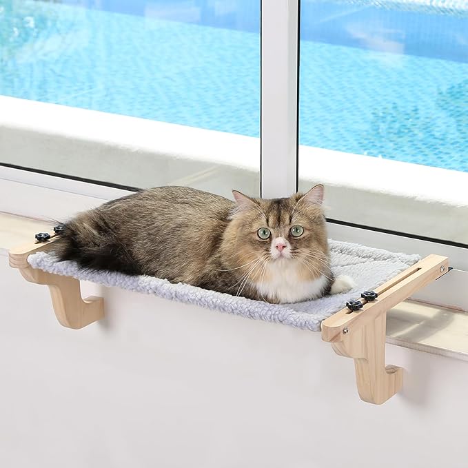 Easy Seat Cat Perch for Window Sill - Hammock Design w/Pine Wood & Robust Metal Frame - Cat Window Seat for Large Cats and Kittens (Natural Color Wood w/Gray Bed, Medium (23''W x 14''D))-PurrikoPets