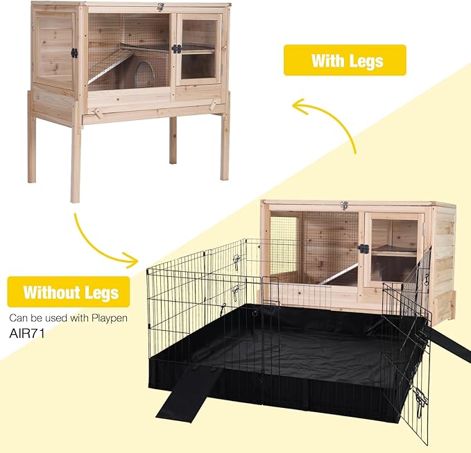 Aivituvin Wooden Guinea Pig Cages Indoor with Removable Stand, Anti Chewing Rabbit Hutch with Ramp and Wire Mesh, 2 Story Small Animals House Habitat with Pull Out Tray (Light Natural Wood)-PurrikoPets