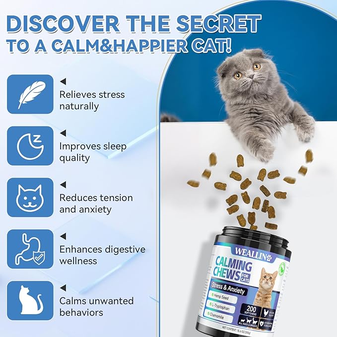 200 PCS Cat Calming Treats, Calming Treats for Cats Help to Manage Stress & Anxiety, Calming Aid for Cats with Hemp Seed Powder Chamomile Melatonin for Cat Anxiety Relief, Separation, Travel, Storms-PurrikoPets