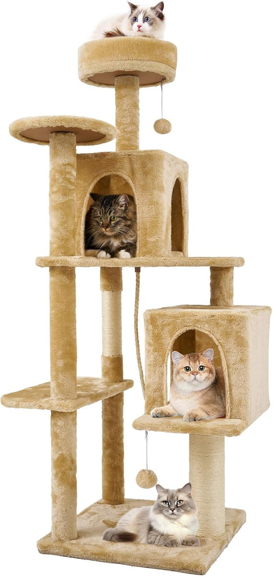 59in Large Cat Tree Tower for Indoor Cats with Soft Plush Hang Ball, Two Condos, Sisal Scratch Posts & Rope Play for Kittens/Adult Cats, New Beige-PurrikoPets