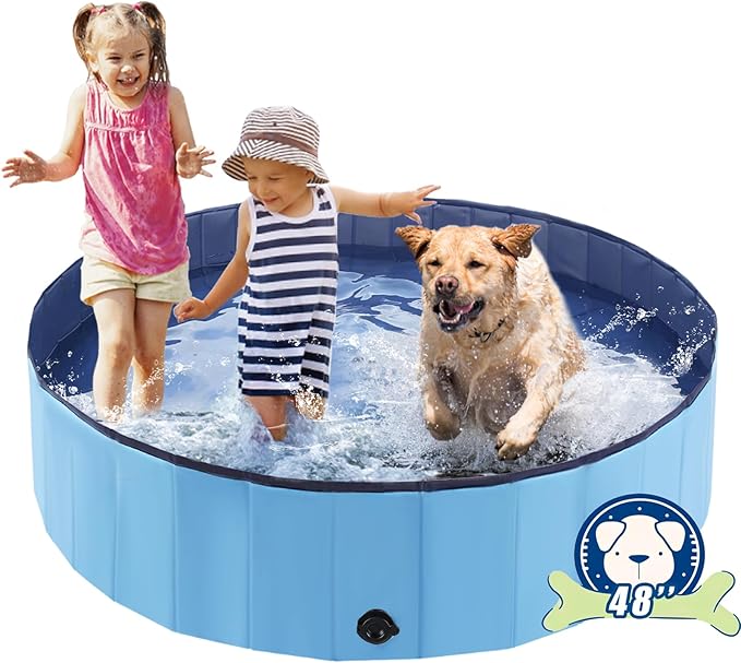 Foldable Dog Bath Swimming Pool Plastic Kiddie Pool Professional Tub Collapsible Grooming Bathtub for Pets Kids Baby and Toddler, 48 x 12 Inches Blue-PurrikoPets