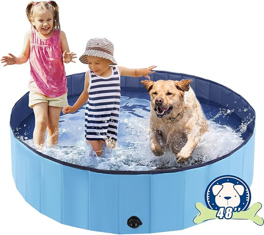 Foldable Dog Bath Swimming Pool Plastic Kiddie Pool Professional Tub Collapsible Grooming Bathtub for Pets Kids Baby and Toddler, 48 x 12 Inches Blue-PurrikoPets
