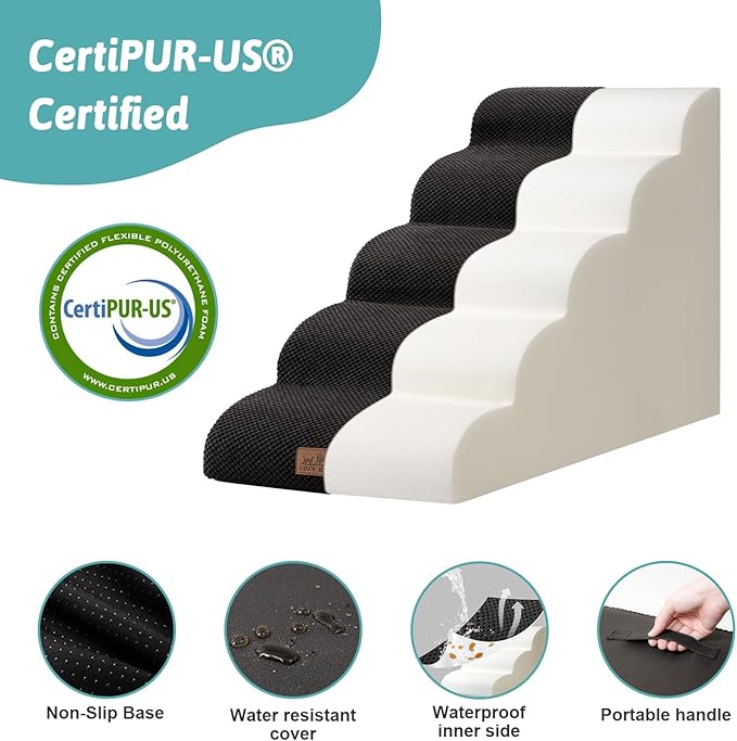 Dog Stairs for High Bed 22.6" H, Small Dog Step for Puppy, Older or Cat, Curved Ramp for Car, Ladder with High Density Foam, Lightweight, Durable, 15.7x33x22.6 inch, 5 Step, Black-PurrikoPets