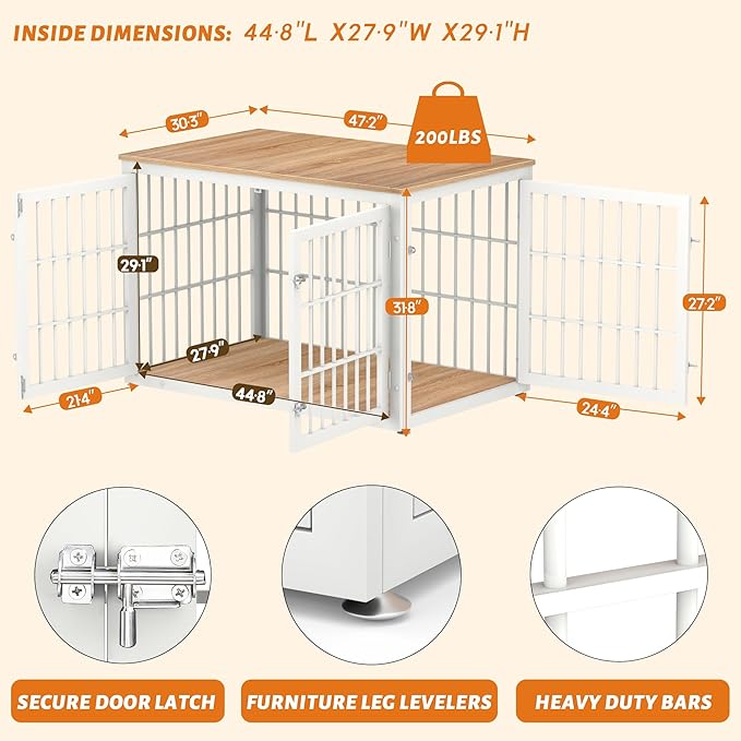 48 Inch Heavy Duty Dog Crate Furniture for Large Dogs, Decorative Pet House End Table, Extra Large Wooden Cage Kennel Furniture Indoor, Natural and White-PurrikoPets