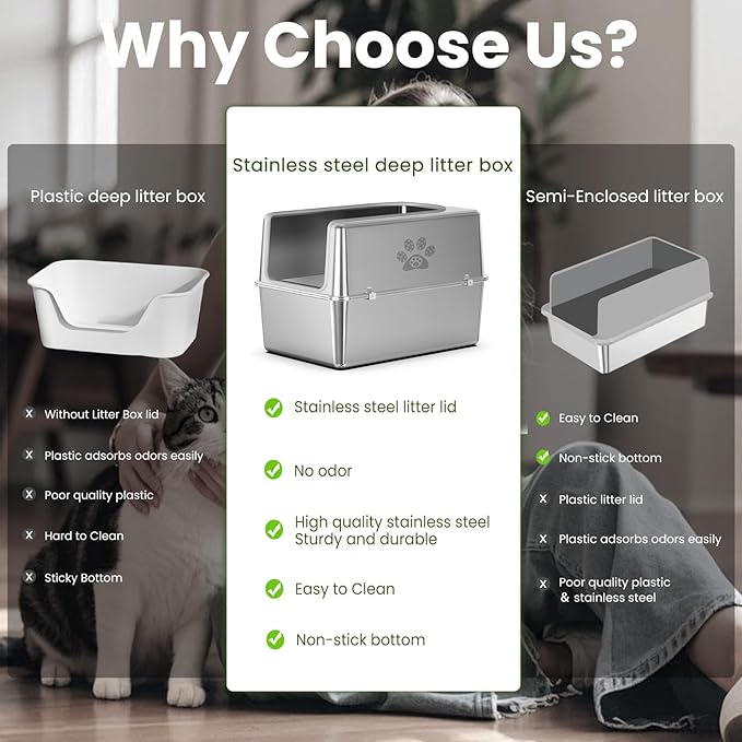 Enclosed Stainless Steel Cat Litter Box with Lid, Metal Litter Box for Big Cats, Extra Large Cat Toilet with High Side, Non-Stick, Anti-Leakage, Odorless, with Cats Litter Mat & Litter Scoop-PurrikoPets