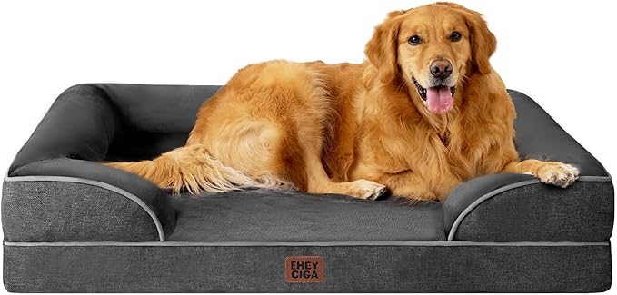 EHEYCIGA Orthopedic Dog Beds for Large Dogs, Waterproof Memory Foam Large Pet Bed with Sides, Non-Slip Bottom and Egg-Crate Foam Dog Couch Bed with Washable Removable Cover, Dark Grey-PurrikoPets