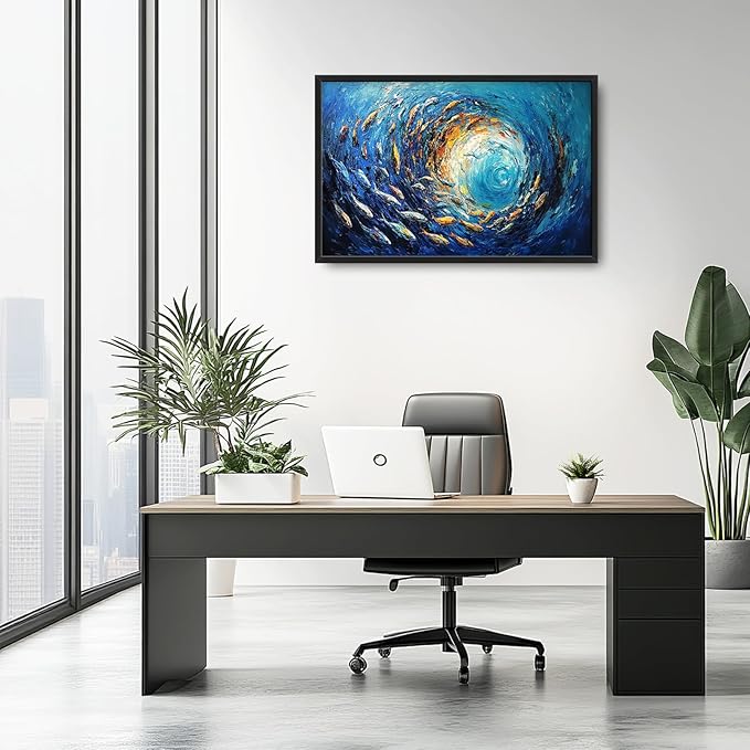 Extra Large Framed Abstract Ocean Fish Wall Art,Oversized Blue Sea Nautical Fish Wall Decor Pictures for Living Room,Canvas Print Painting Modern Artwork Bedroom Office Bathroom Home Decor 36L x24W-PurrikoPets