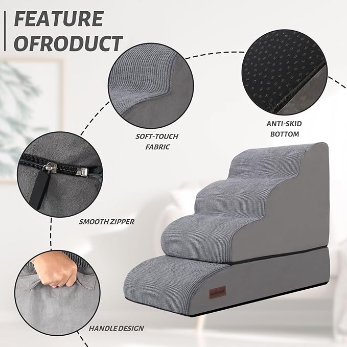 4-Step Dog Stairs and Ramp for Beds or Couches – Non-Slip Sturdy Pet Steps for Small Dogs and Cats,21" H,Grey-PurrikoPets