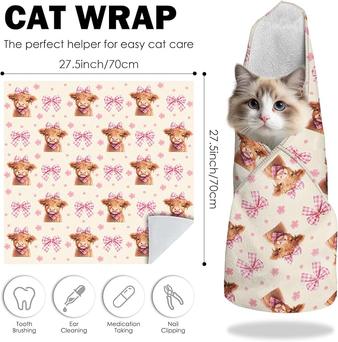 27.6" Cat Grooming Wrap, Self Adhesive Cat Wrap for Cutting Nails, Anti-Escape Calming Cat Swaddle Wrap for Medicine Ear Cleaning, Cow Anti-Scratch Cats Burrito Restraint Blanket, Practical Pet Tool-PurrikoPets