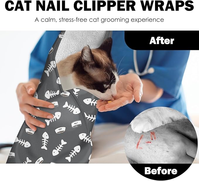 27.6" Cat Grooming Wrap, Self Adhesive Cat Wrap for Cutting Nails, Anti-Escape Calming Cat Swaddle Wrap for Medicine Ear Cleaning, Anti-Scratch Cats Burrito Restraint Blanket, Practical Pet Tool Grey-PurrikoPets