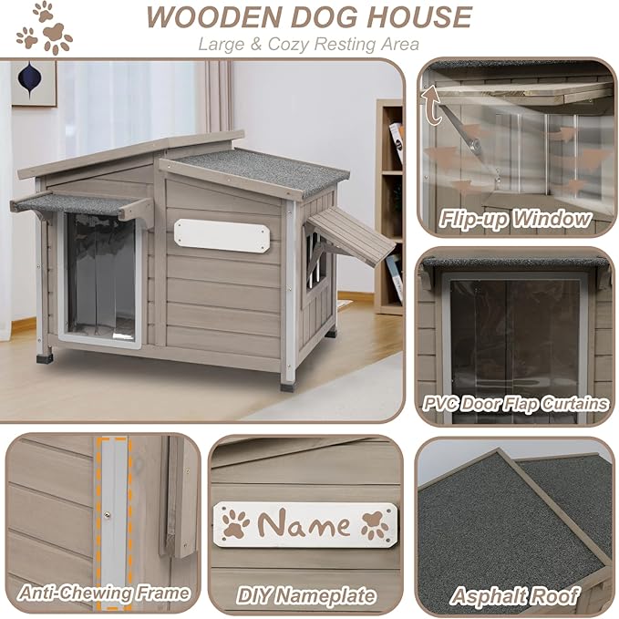 43" L Outdoor Extra Large Dog House with Removable Floor, Raised Feet, Anti-Chewing Iron Frame – Wooden Kennel with Asphalt Roof, Window for Indoor/Outdoor Use, Ideal for Medium to Large Dogs-PurrikoPets