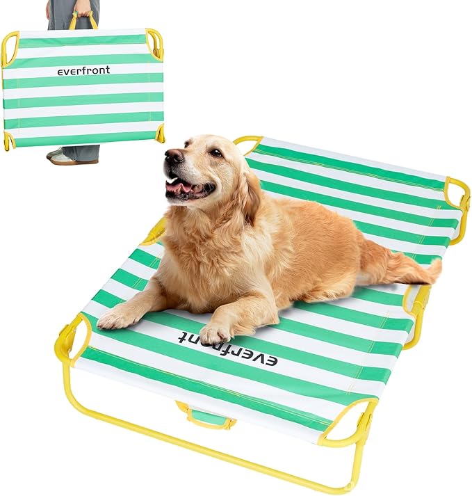 Dog Elevated Bed Foldable Portable Raised Bed Camping cot Outdoor Summer Dog Bed (Large, GreenStripes-Oxford Fabric)-PurrikoPets
