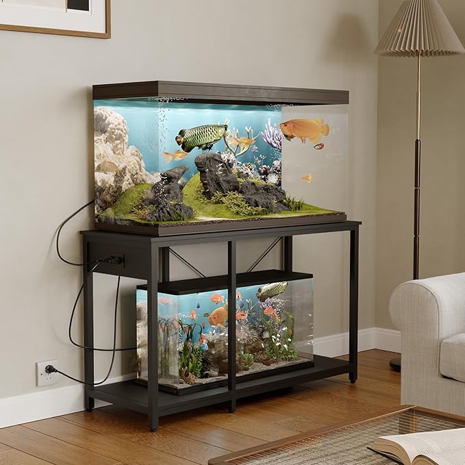 50-75 Gallon Fish Tank Stand with Power Outlet & LED Light, Metal Aquarium Stand with 3 Tier Adjustable Storage Shelves, Tank Stand for Reptile Tank, Turtle Tank, 52" L*19.5" W, Black-PurrikoPets