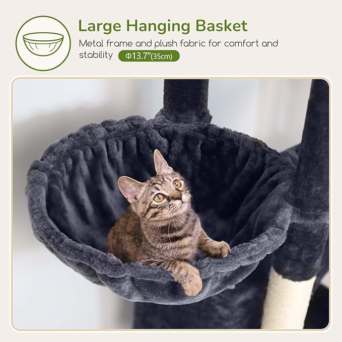 Globlazer Large Cat Tree Tower, Tall Cat Tree Condos for Indoor Cats Large Adult Cat Climbing Tower with 2 Spacious Caves, Oversized Top Perch, Big Hanging Basket, Cat Teaser Wand, F74B, Dark Grey-PurrikoPets