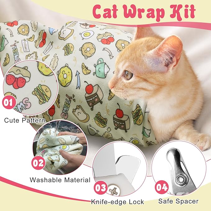 4p Cat Wrap for Cutting Nails Set, Self-Adhesive Cat Wrap Comfortable & Soft Cat Grooming Wrap Suitable for Many Cat Sizes Cat Burrito Wrap for Trimming Nails-PurrikoPets