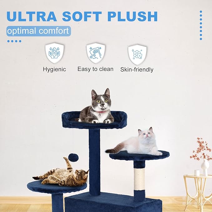 FDW Cat Tree 54in Cat Tower Multi-Level Durable Cat Scratching Post & Cozy Fun Cat Jumping Platform Space Saving Cat Condo Pet Play House for Indoor Cats,Navy Blue-PurrikoPets