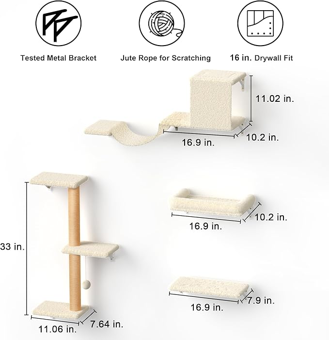 FUKUMARU Cat Wall Shelves, Stable & Safe 4 in 1 Large Cat Walls Furniture Set, Wooden Kitten Climbing Wall with Scratching Post for 16 Inch Drywall - Beige-PurrikoPets