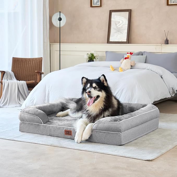 EHEYCIGA Orthopedic Dog Beds for Extra Large Dogs 44x32Inch, Waterproof Memory Foam XL Pet Bed with Sides, Non-Slip and Egg-Crate Foam Big Dog Couch Bed with Washable Removable Cover, Grey-PurrikoPets