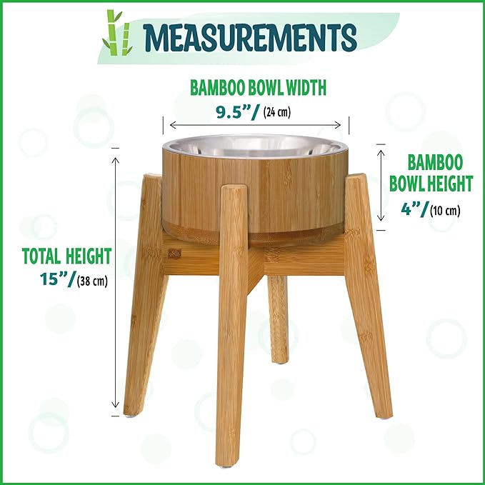 Elevated Dog Bowls for Large Breed - (15-Inch Tall, 74-oz Cap), Deter Ants and Bugs - Raised Single Feeder, Suitable for Dry and Wet Pet Foods - Bamboo with Stainless Steel Dish-PurrikoPets