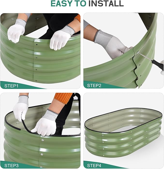 Galvanized Raised Garden Bed - 4×2×1ft (2 Packs) Planter Raised Beds for Gardening | Oval Metal Garden Planter Box with Safety Edging and Gloves for Vegetables Fruits and Flower OliveGreen-PurrikoPets