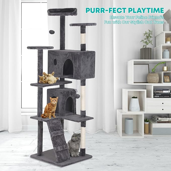 FDW Cat Tree 70in Cat Tower Multi-Level Durable Cat Scratching Post & Cozy Fun Cat Jumping Platform Space Saving Cat Condo Pet Play House for Indoor Cats,Light Gray-PurrikoPets