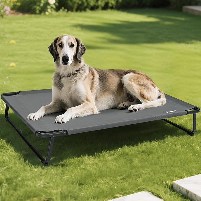 Elevated Dog Beds Extra Large Raised Dog Cots Outdoor Dog Bed Waterproof Pet Cots Stable and Easy Assembly, Teslin Fabric with 1.2mm Thick Iron Frame, Breathable, Ultra-Sturdy，Grey, 54*37*8.7-PurrikoPets
