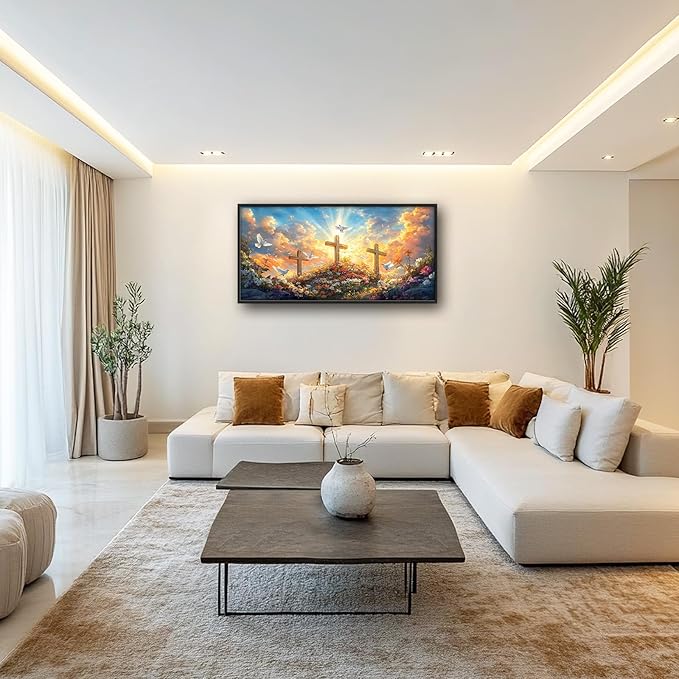 Framed Large Christian Jesus Wall Art, Oversized Floral Dove Wall Decor for Living Room, Landscape Canvas Painting Peaceful Pictures Modern Artwork for Living Room Bedroom Office 60"x30"-PurrikoPets