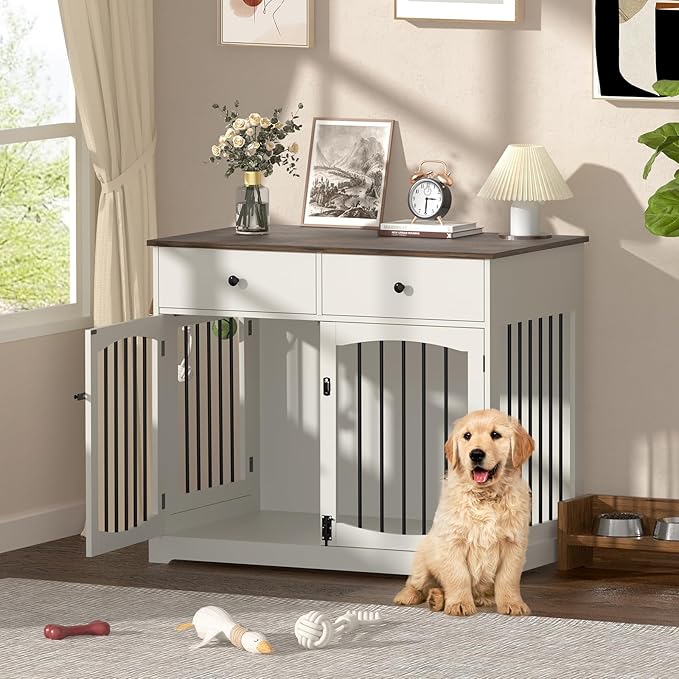 40 Inch Furniture-Style Dog Crate-Multipurpose Wood Pet Crate Furniture with Double Doors,2 Drawers, Decorative Dog House Indoor for Smal/Medium Dogs, White Finish-PurrikoPets