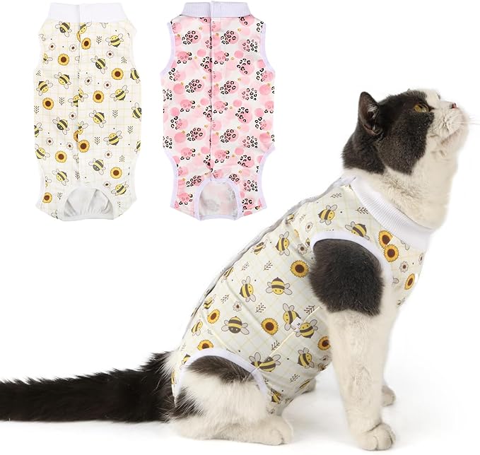 2 Packs Cat Surgery Recovery Suit Surgical Clothes Abdominal Wounds Anti-Licking Cat Bodysuit Onesie Substitute E-Collar& Cone-PurrikoPets