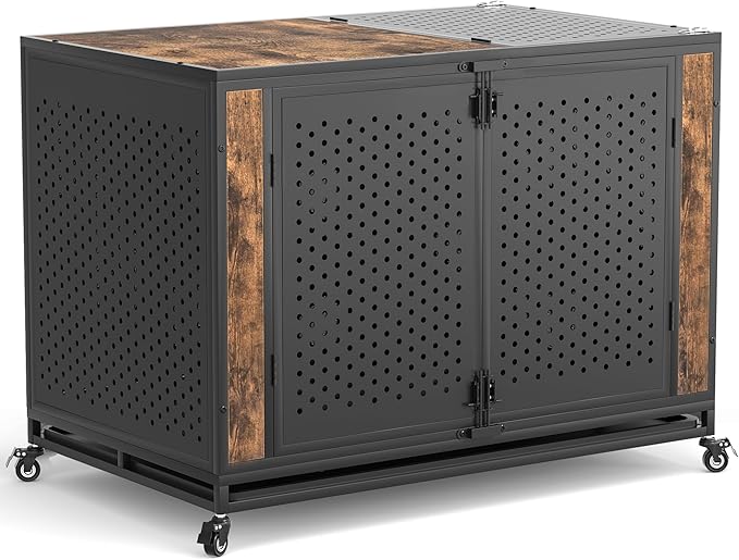 48" Heavy Duty Dog Crate Furniture for Extra Large Dogs, Enclosed Design with 0.5 inch Holes, Indestructible Metal Kennel for High Anxiety Dogs, Chew Proof Pet Cage House Indoor, Brown-PurrikoPets