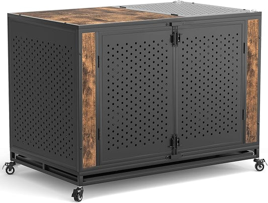 48" Heavy Duty Dog Crate Furniture for Extra Large Dogs, Enclosed Design with 0.5 inch Holes, Indestructible Metal Kennel for High Anxiety Dogs, Chew Proof Pet Cage House Indoor, Brown-PurrikoPets