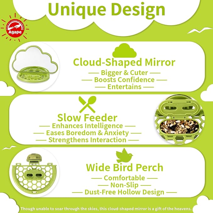 Agape Bird Mirror with Perch&Slow Feeder, Birds Toys for Boredom&Anxiety, Bird Cage Accessories for Parrots to Expend Energy, Interactive Toys for Parakeet, Cockatiel, Lovebird, Conure, Finch, Budgies-PurrikoPets