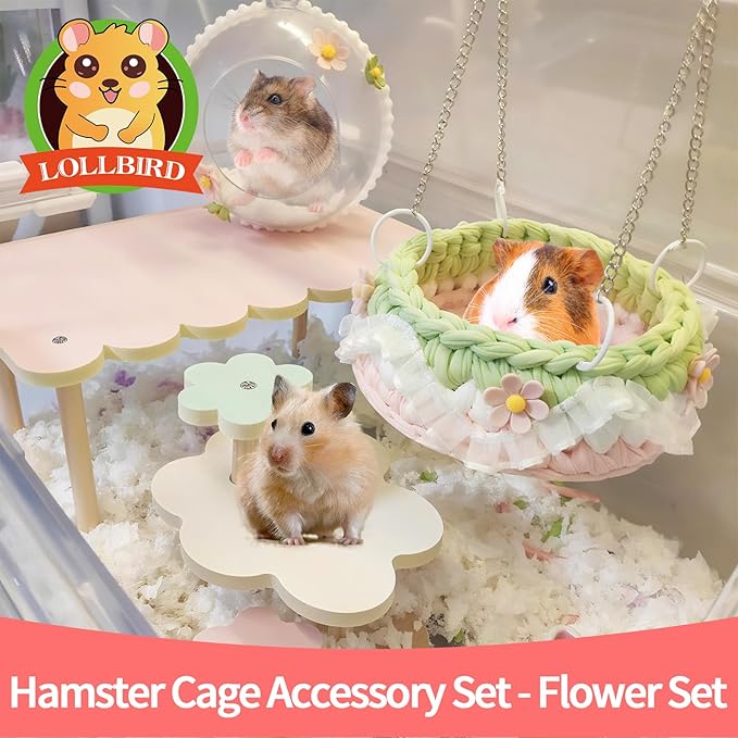 4-Pack Wooden Rat Cage Accessories - Platforms, Ladders & Hammocks Set for Chinchillas, Hamsters, Gerbils (for Iron/Wooden, Acrylic Hamster Cages + Customizable Layout) (11x6.7x5.5)-PurrikoPets
