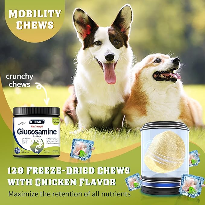 Glucosamine for Dogs, Hip and Joint Supplement for Dogs with Chicken Flavor, Anti Inflammatory, Dog's Chondroitin, Digestive Enzymes, Omega-3, Vitamin D, MSM, Calcium, Turmeric, 120 Freeze-Dried Chews-PurrikoPets