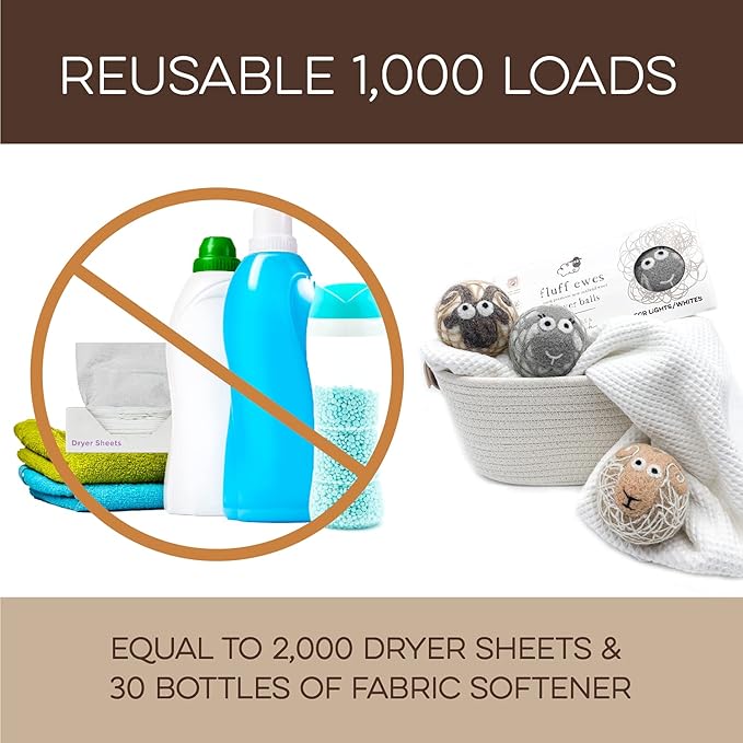 Fluff Ewes Wool Dryer Balls 3 Pack Premium New Zealand Wool Laundry Balls for Dryer, No Static Dryer Balls Laundry Reusable Cute - XL Wool Dryer Balls Cute, Baby Dryer Balls for Dryers - Lights-PurrikoPets