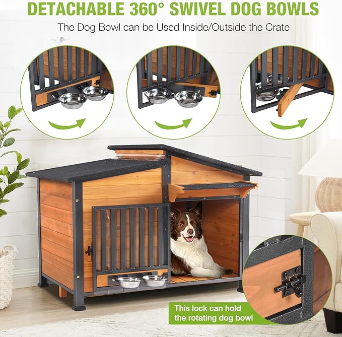 Dog House Outdoor with Bowls Weatherproof Dog Kennel with Anti-Chewing Iron Frame Dog Shelter for Small Medium Dogs-PurrikoPets